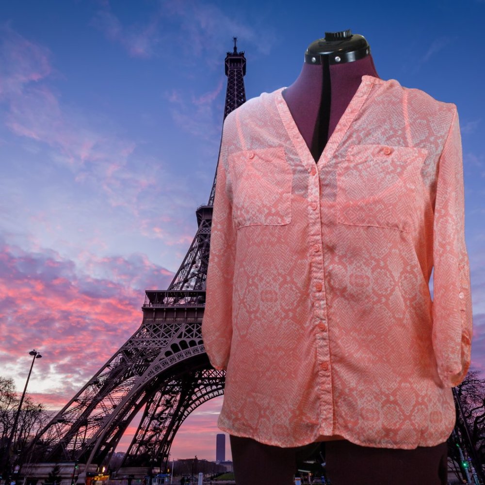 Covington Petite Womens Peach 3/4 length sleeve sheer top Size SP